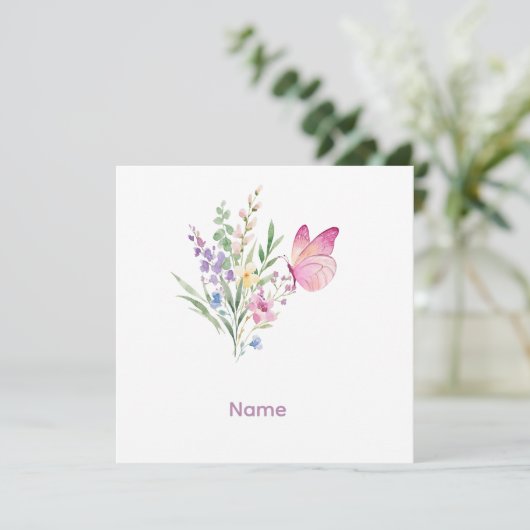 ウォーターカラーの野の花ブーケとピンクの蝶 サンキューカード (スタンド正面)