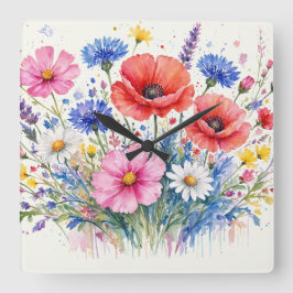 ウォーターカラーの野の花畑ブーケ フローラルアート スクエア壁時計