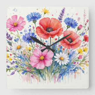 ウォーターカラーの野の花畑ブーケ フローラルアート スクエア壁時計