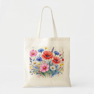 ウォーターカラーの野の花畑ブーケ フローラルアート トートバッグ