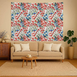 ウォーターカラーの野の花 ポピー デイジー 植物画 タペストリー