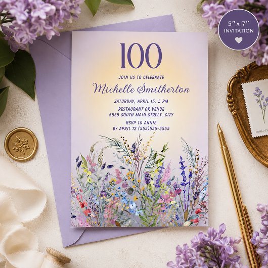 ウォーターカラーの野の花 ラベンダー 100歳の誕生日 招待状