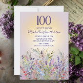 ウォーターカラーの野の花 ラベンダー 100歳の誕生日 招待状