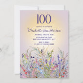 ウォーターカラーの野の花 ラベンダー 100歳の誕生日 招待状 (正面)