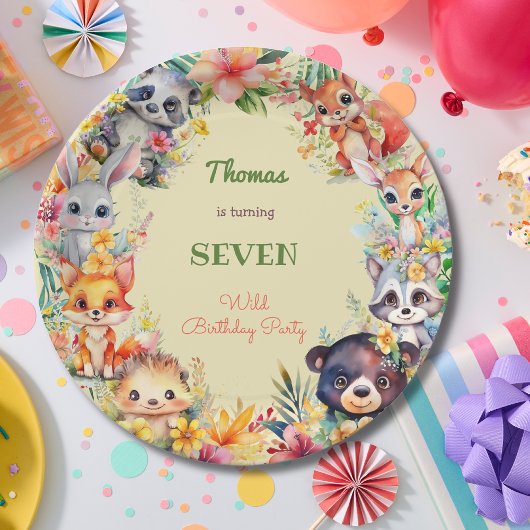 ウォーターカラーの野生の森の動物 子供の誕生日 ペーパープレート