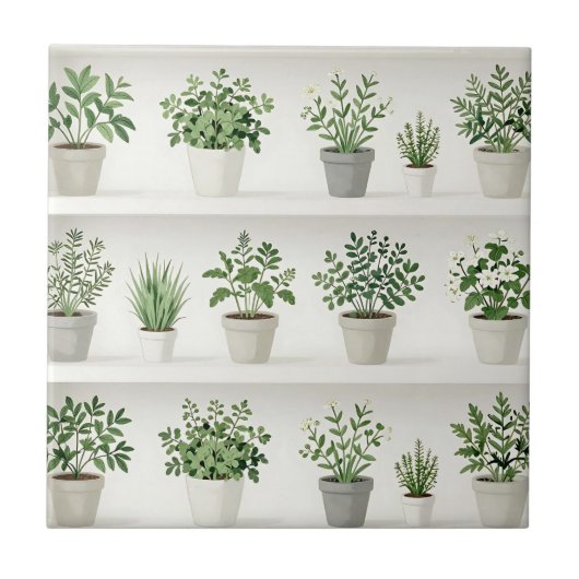ウォーターカラーの鉢植えハーブ棚パターン タイル (正面)