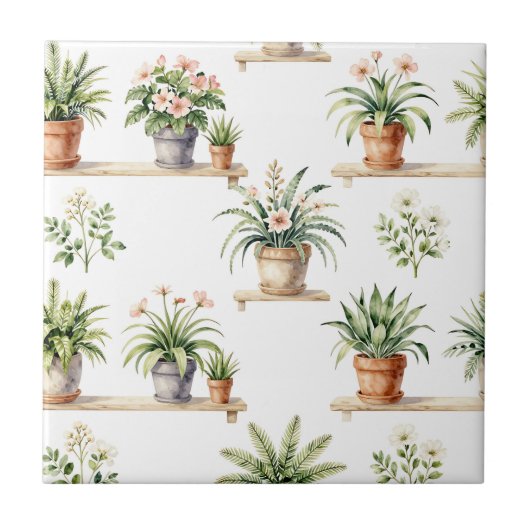 ウォーターカラーの鉢植え植物棚パターン タイル (正面)
