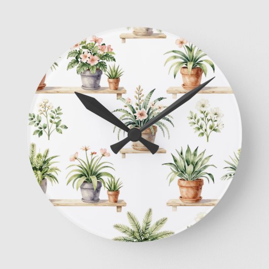 ウォーターカラーの鉢植え植物棚パターン ラウンド壁時計 (正面)