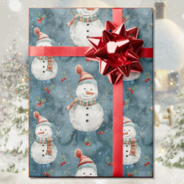 ウォーターカラーの雪だるまのクリスマスコテージカントリー ラッピングペーパー