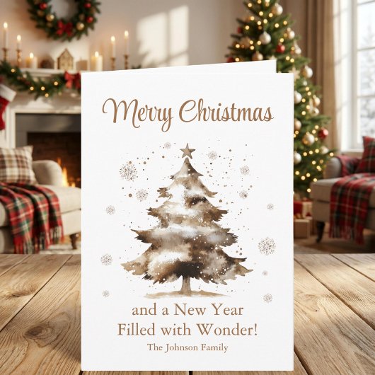 ウォーターカラーの雪のクリスマスツリーと新年 シーズンカード