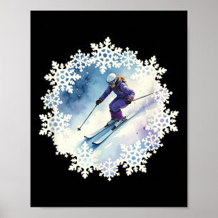ウォーターカラーの雪の結晶とスキーヤー ポスター
