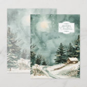 ウォーターカラーの雪景色のコテージと木々カード シーズンカード (正面/裏面)