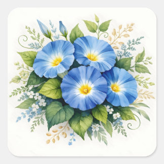 ウォーターカラーの青い朝顔の花 スクエアシール
