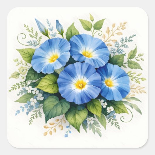 ウォーターカラーの青い朝顔の花 スクエアシール (正面)
