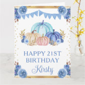 ウォーターカラーの青と白の花柄パンプキンの誕生日 カード (黄色い花)