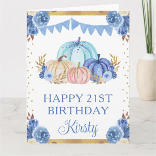 ウォーターカラーの青と白の花柄パンプキンの誕生日 カード