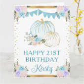 ウォーターカラーの青と白の花柄パンプキンの誕生日 カード (黄色い花)