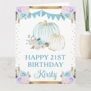 ウォーターカラーの青と白の花柄パンプキンの誕生日 カード