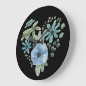 ウォーターカラーの青と緑の花のハート ラージ壁時計 (傾斜)