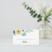 ウォーターカラーの青と黄色の花。フラワーのウェディング プレイスカード (スタンド正面)