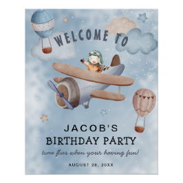 ウォーターカラーの飛行機の男の子の誕生日パーティーのウェルカム ポスター