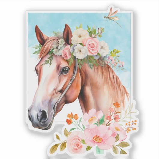 ウォーターカラーの馬と花のカットステッカー シール (正面)