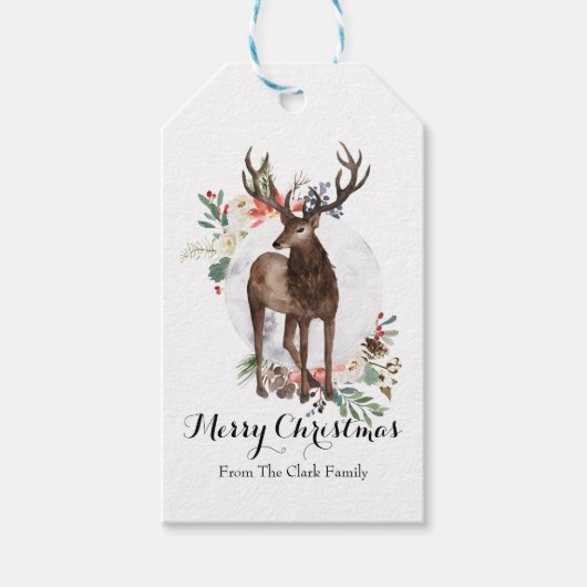 ウォーターカラーの鹿のクリスマスギフトタグ ギフトタグ (正面)