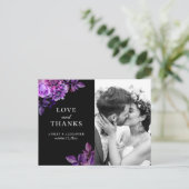 ウォーターカラーの黒と紫の花柄の結婚式のお礼 ポストカード (スタンド正面)