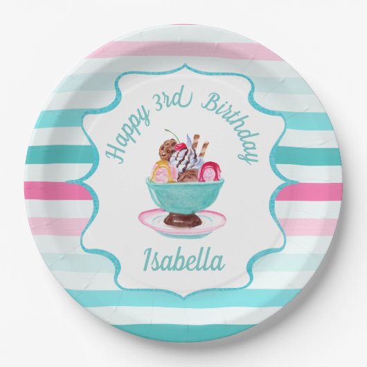 ウォーターカラーアイスクリームサンデ誕生日 ペーパープレート (正面)