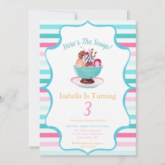 ウォーターカラーアイスクリームサンデ誕生日 招待状 (正面)