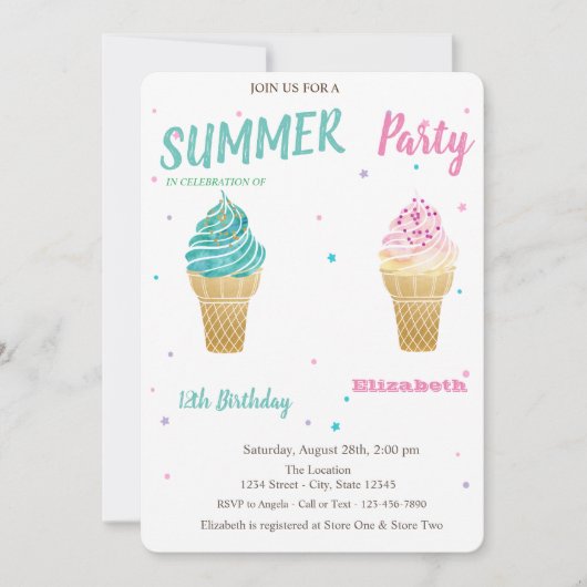 ウォーターカラーアイスクリームスター誕生日 招待状 (正面)
