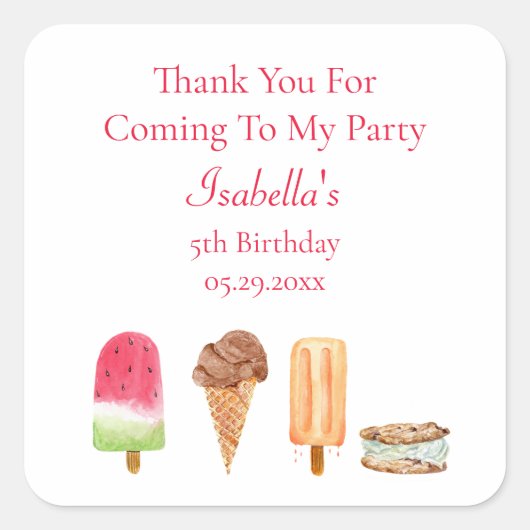 ウォーターカラーアイスクリーム&ポプシクル誕生日感謝してい スクエアシール (正面)