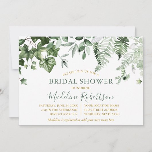 ウォーターカラーアイビーシダSageグリーン金ゴールドブライダルシャワー 招待状 (正面)