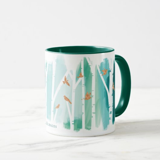 ウォーターカラーアクアウォッシュ樺の木ツリー&金ゴールド鳩 マグカップ (正面右)
