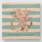 ウォーターカラーアクアホワイトビーチストライプズ ストーンコースター (正面)