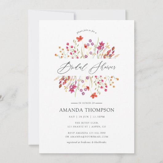 ウォーターカラーアクアレルワイルドフラワーブライダルシャワー 招待状 (正面)