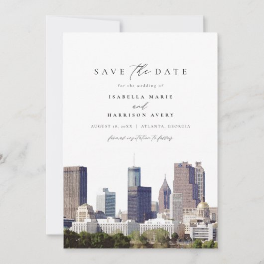 ウォーターカラーアトランタジョージアスカイラインセーブザデート 招待状 (正面)
