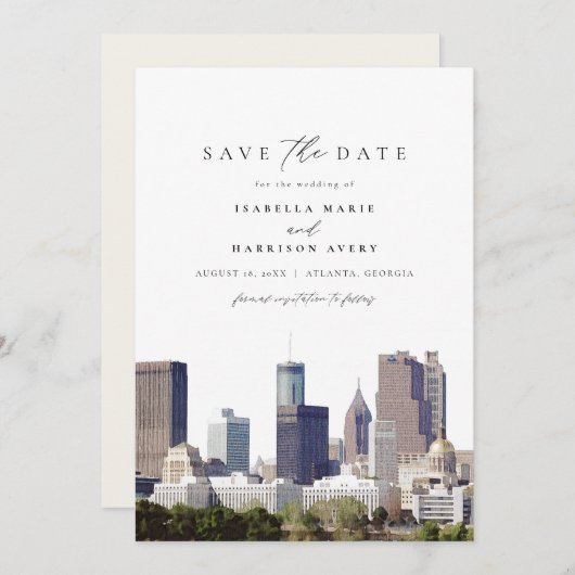 ウォーターカラーアトランタジョージアスカイラインセーブザデート 招待状 (正面/裏面)