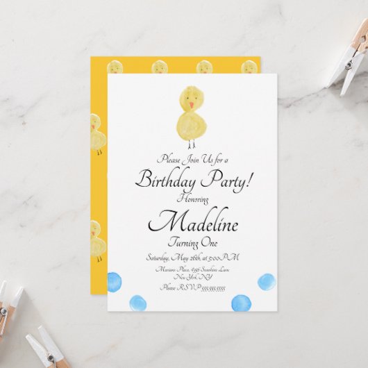 ウォーターカラーアヒルの1歳の誕生日パーティー 招待状 (正面/裏面インサイチュ)