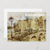 ウォーターカラーアムステルダムオランダシティブリッジビュー ポストカード (正面/裏面)