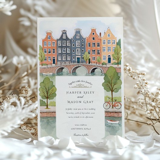 ウォーターカラーアムステルダムカナルハウス&チューリップ結婚ズ 招待状