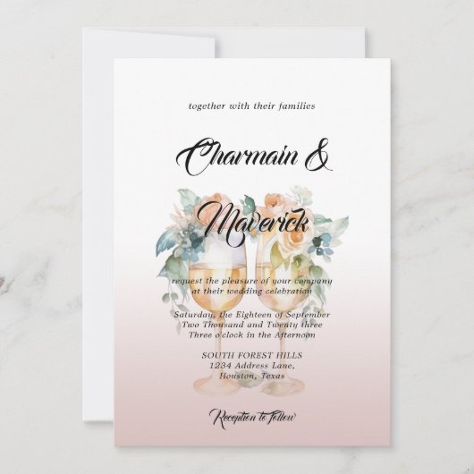 ウォーターカラーアラバスターダスティピンクローズ結婚ズ 招待状 (正面)