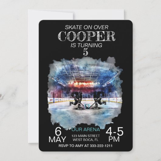ウォーターカラーアリーナホッケーテーマ誕生日 招待状 (正面)