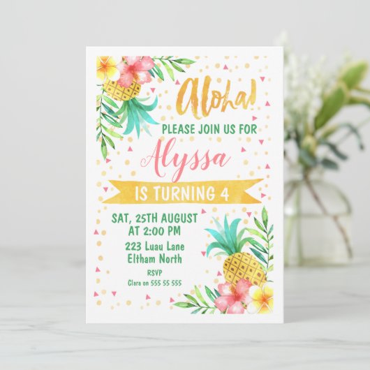 ウォーターカラーアロハルアウ（ハワイ式宴会）誕生日招待状 招待状 (スタンド正面)