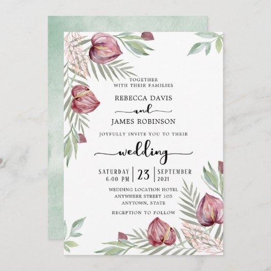 ウォーターカラーアンスリウムフローラ結婚式招待状 招待状 (正面/裏面)