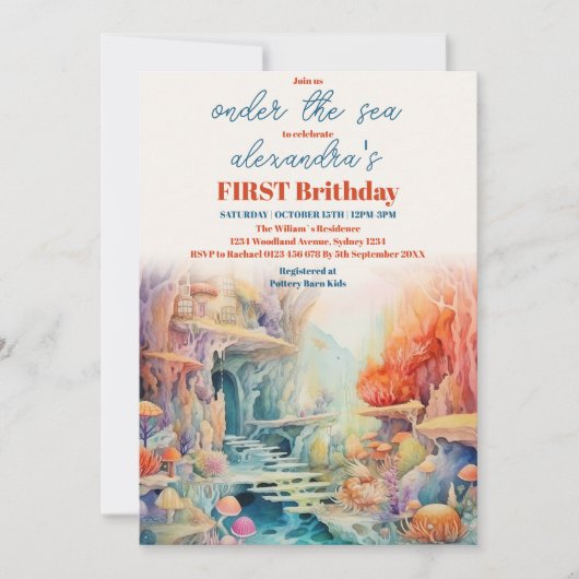 ウォーターカラーアンダーザシーフレンズ子供の誕生日 招待状 (正面)