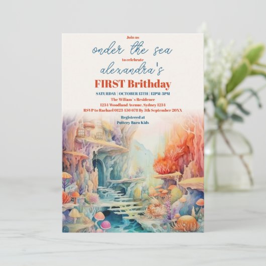 ウォーターカラーアンダーザシーフレンズ子供の誕生日 招待状 (スタンド正面)