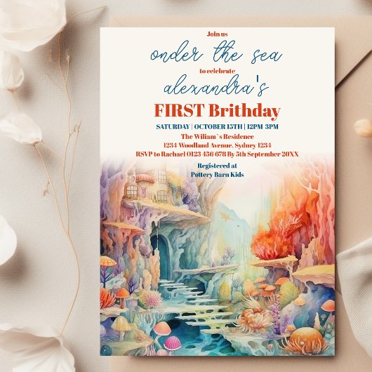 ウォーターカラーアンダーザシーフレンズ子供の誕生日 招待状