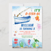 ウォーターカラーアンダーザシーボート魚釣り誕生日 招待状 (正面)