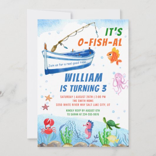 ウォーターカラーアンダーザシーボート魚釣り誕生日 招待状 (正面)